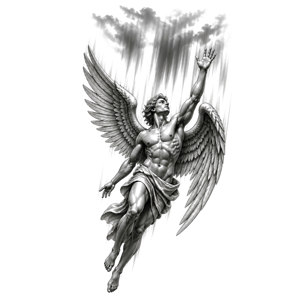 Un ange musclé détendu mais qui semble bondir vers le ciel avec le bras tendu vers le haut la paume de main ouverte. Il regarde dans la même direction que son bras tendu. Son corps et ses jambes ne sont pas complètement droites. Il a des ailes