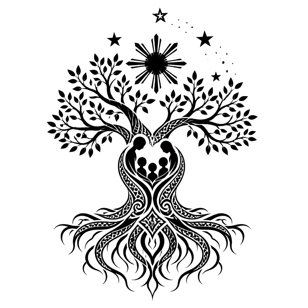 A strong family tree crowned by the Philippine star and Southern Cross, its roots interwoven with tribal patterns and a heart-shaped embrace.