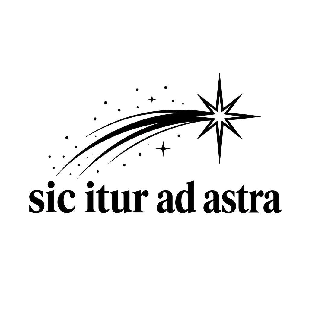 The words "sic itur ad astra" in bold serif beneath a shooting star