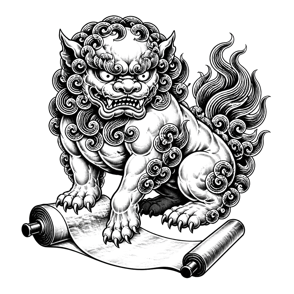 A fu dog guarding an unrolled scroll
