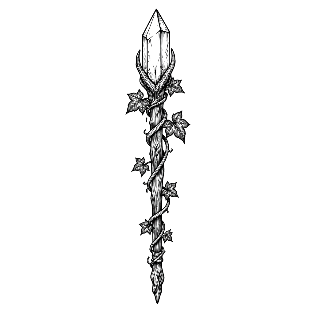 A crystal-tipped wand wrapped in ivy