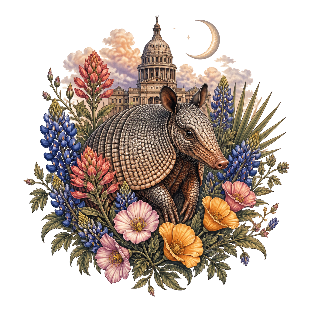 A poised armadillo among lush spring wildflowers, framed by a distant domed capitol and crescent moon, conveying grounded patience, quiet strength, and sensual abundance.