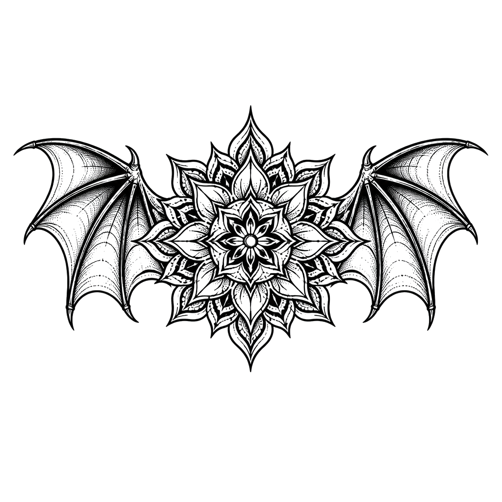 A mandala with outstretched bat wings across the chest