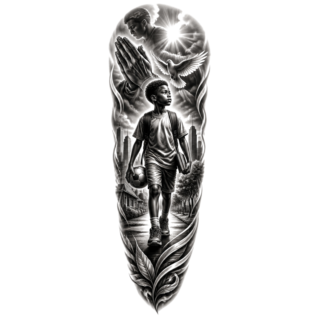 Black Boy walking with football in one hand the other a book tattoo sleeve with verse