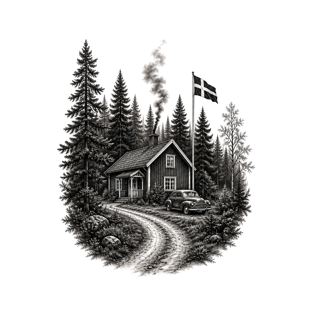 A forest with a house thats typical from swedens Wood and a old car next to the house and a flagpole with swedish flag and smoke coming from the chimney and a road coming the house