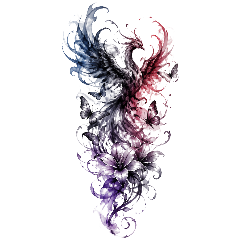 Dark elegant shoulder tattoo: add a large ink-smoke phoenix in black & smoky gray. Smoke-style butterflies + delicate smoky lilies/vines integrated throughout. Flowing organic wrap-around design on shoulder/upper arm. Mood: mysterious, powerful, shadowy, ethereal—dark vibes only, monochrome ink wash aesthetic.i like blue and red and purple idk