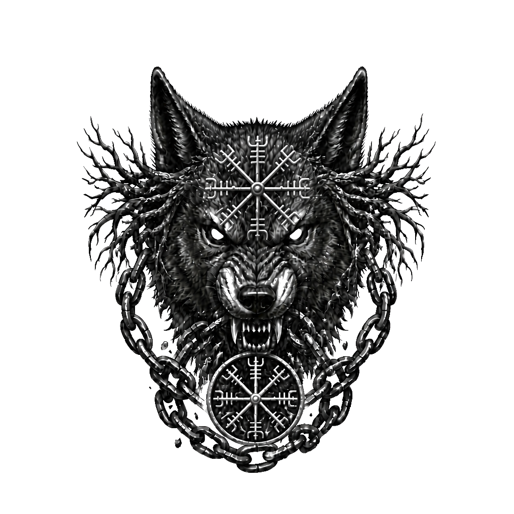 Fenrir’s snarling head centered on the forehead, Yggdrasil roots spreading toward the temples, broken chains flowing from its jaws and wrapping around the neck.