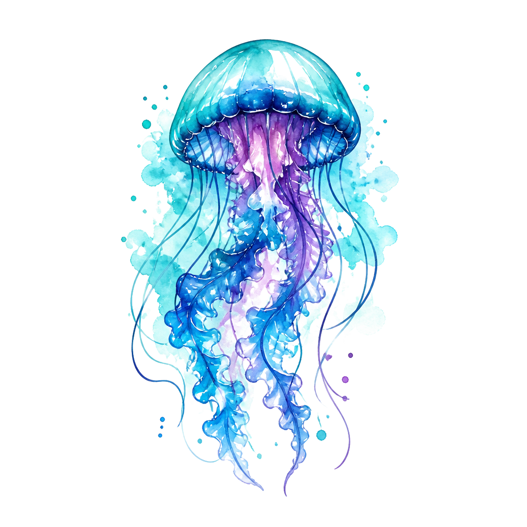 A jellyfish drifting in aquamarine washes