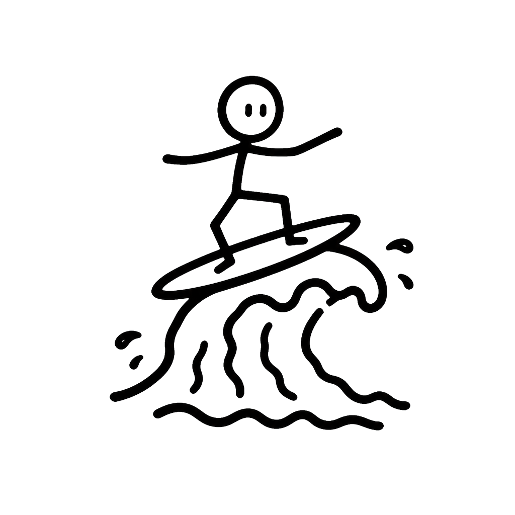 A stick figure surfing a wobbly wave