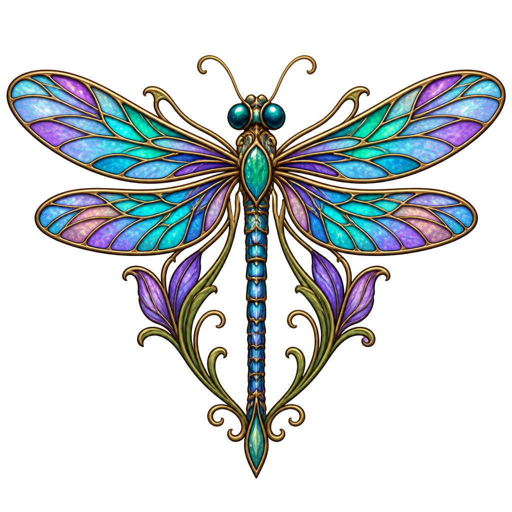A dragonfly with stained-glass wing panels