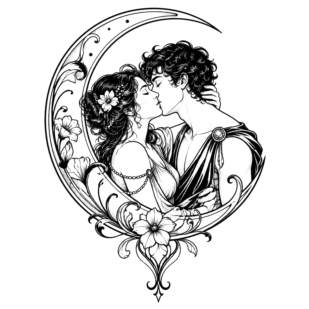 Two lovers kissing inside a crescent-moon frame