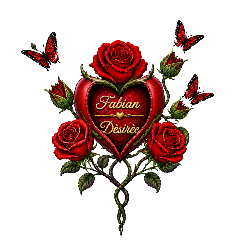 1 rote Rose, 1 geschlossene Rose wo ein Schmetterling entsteht,2 geschlossene Rosen an einen Strang wo aus den geschlossenen Rosen Schmetterlinge entstehen, 1 lila Rose und 1 rote Rose. Alles zusammen mit den Namen Fabian und Dèsirèe verbunden