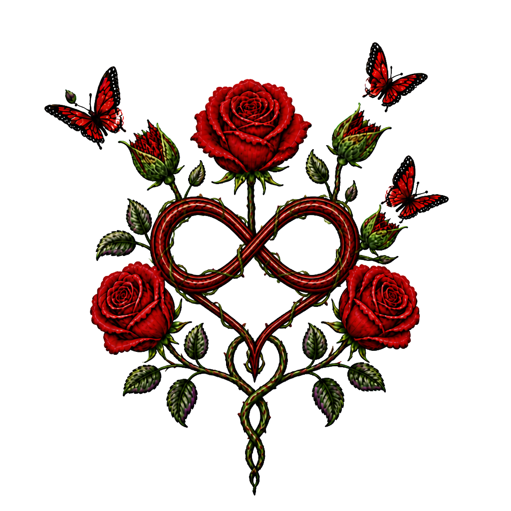 1 rote Rose, 1 geschlossene Rose wo ein Schmetterling entsteht,2 geschlossene Rosen an einen Strang wo aus den geschlossenen Rosen Schmetterlinge entstehen, 1 lila Rose und 1 rote Rose. Alles zusammen mit den Namen Fabian und Dèsirèe verbunden