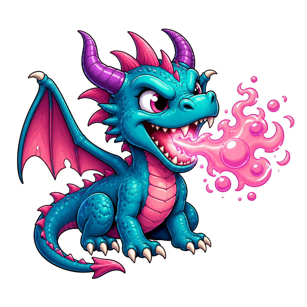 A cartoon dragon breathing bubblegum flames