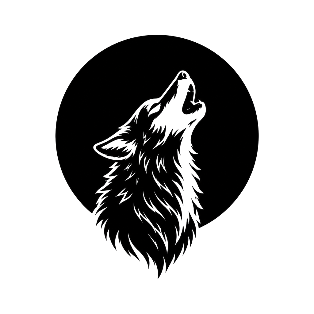 A howling wolf inside a solid black full moon