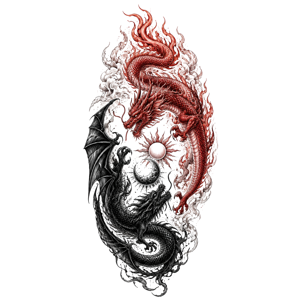Un dragon rouge avec la queue en flamme et un dragon noir avec des ailes et plus sombre, placé à l’envers comme le ying et le yang qui s’entremêlent avec au milieu des deux dragons une lune et un soleil. Je veux qu’il soit en long et que leurs têtes soit face à face