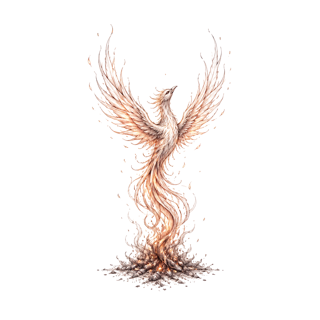 A small ember phoenix rising from ash, fine line