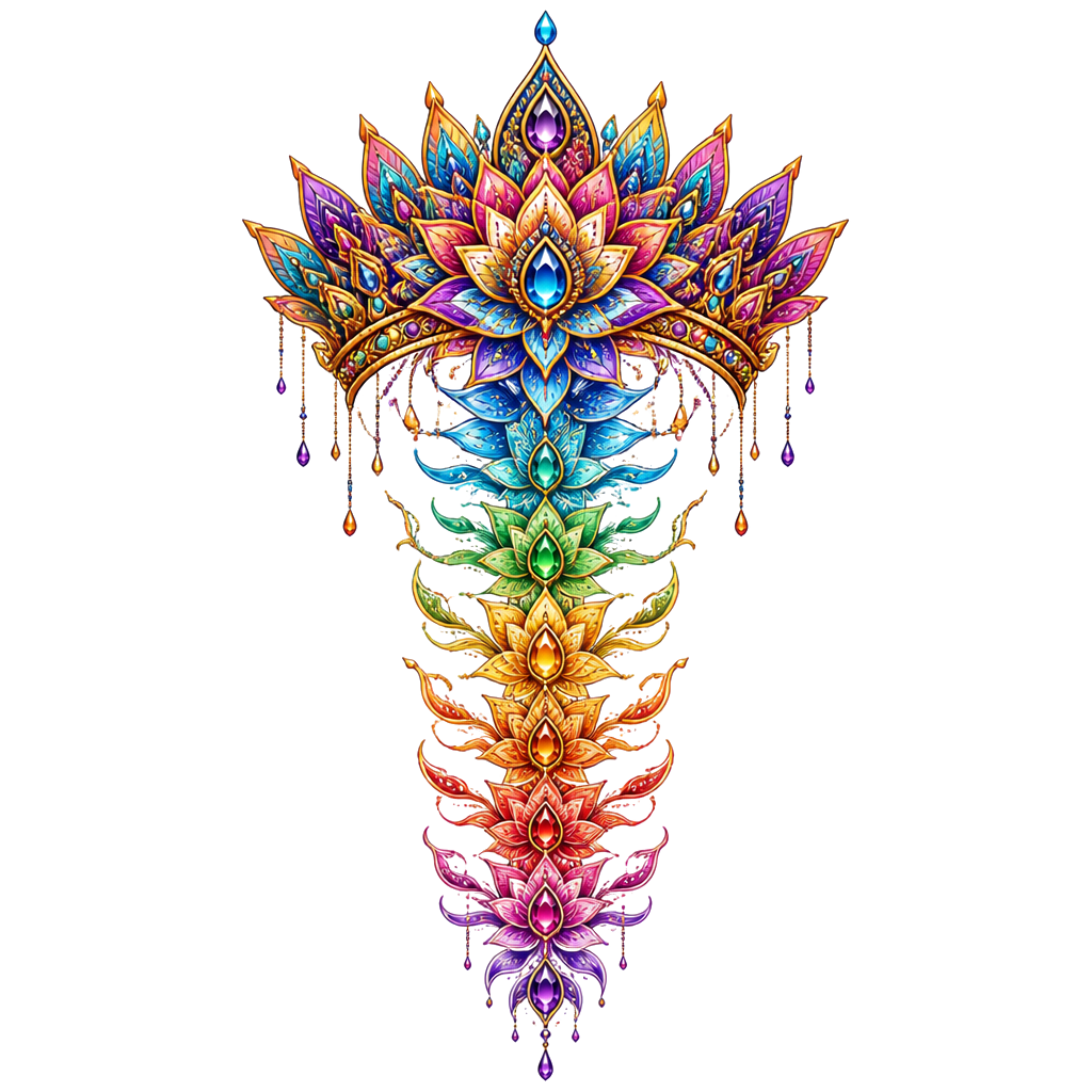 A mandala crown radiating down the spine