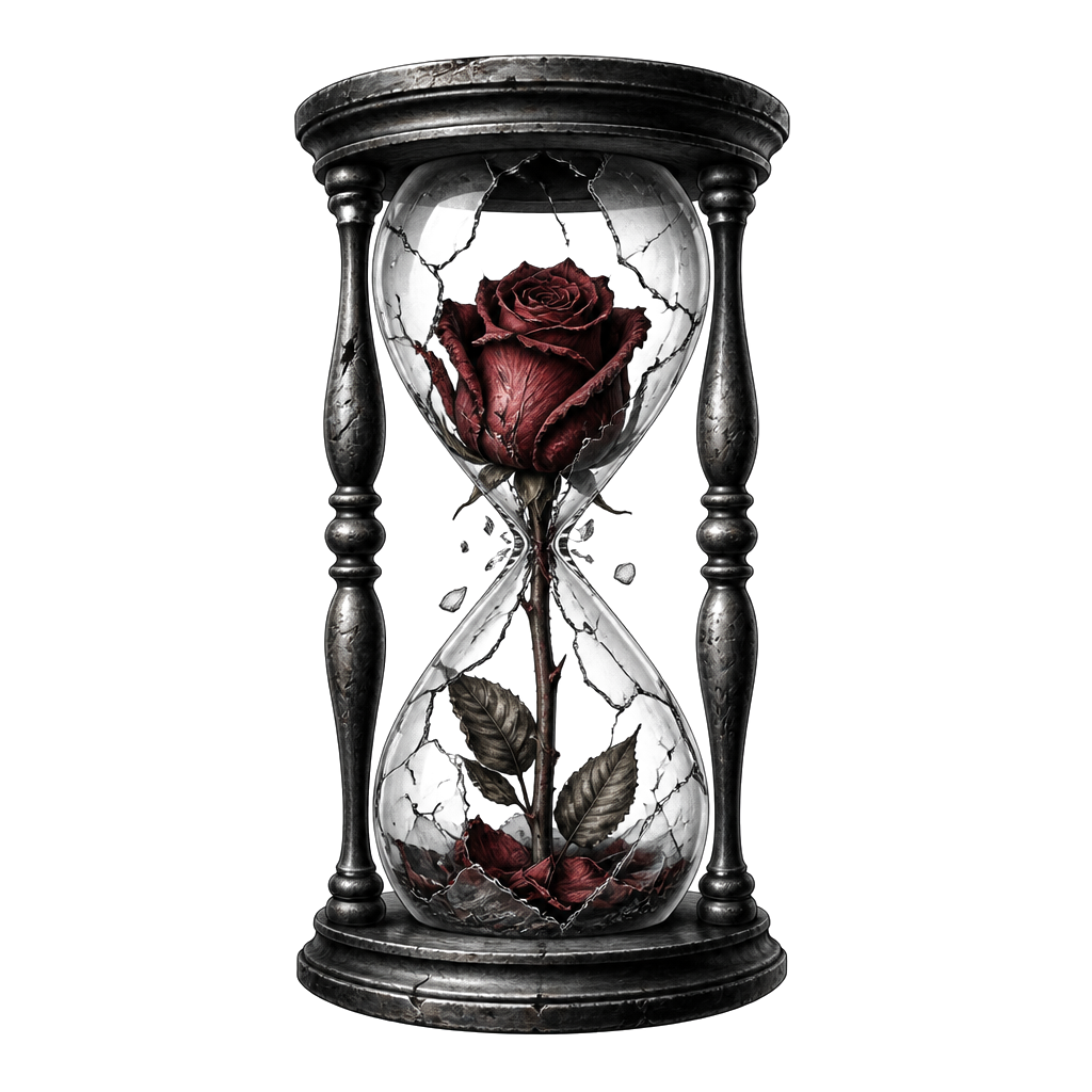 A rose pressed inside a broken hourglass