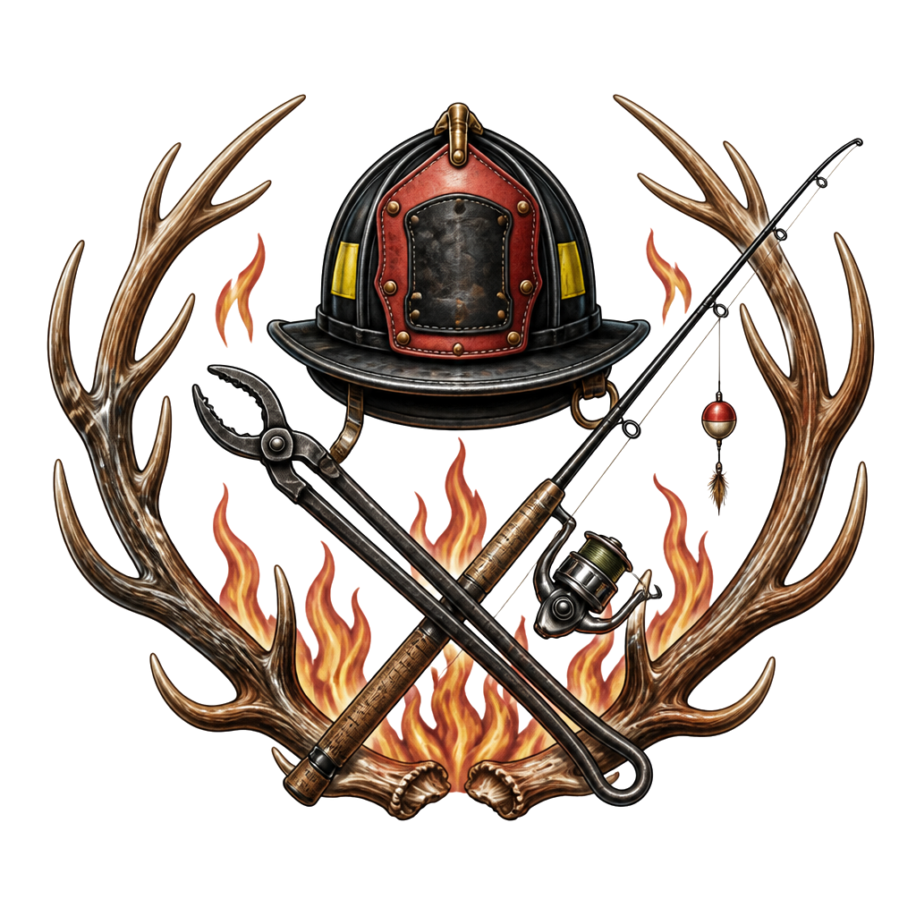 A young firefighter’s helmet above crossed welding tongs and fishing rod, framed by antlers and subtle flames—duty, craft, and life outdoors.