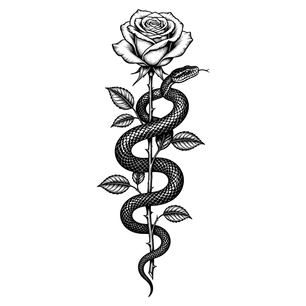 A snake coiled around a long-stemmed rose