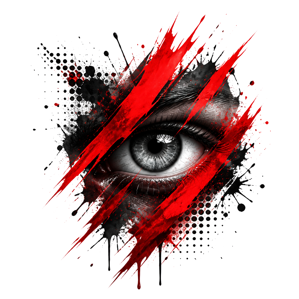 A realistic eye behind slashing red strokes