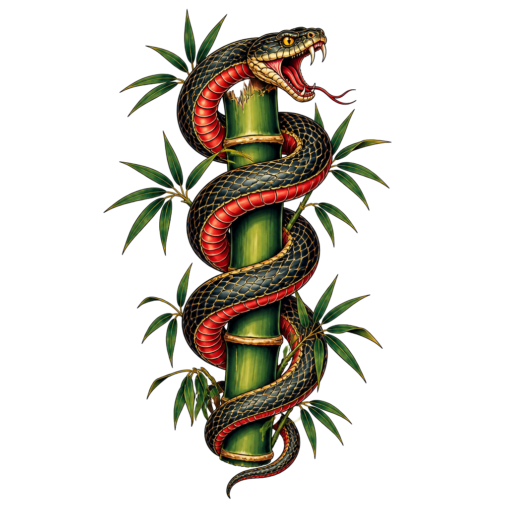 A snake wound around a bamboo stalk