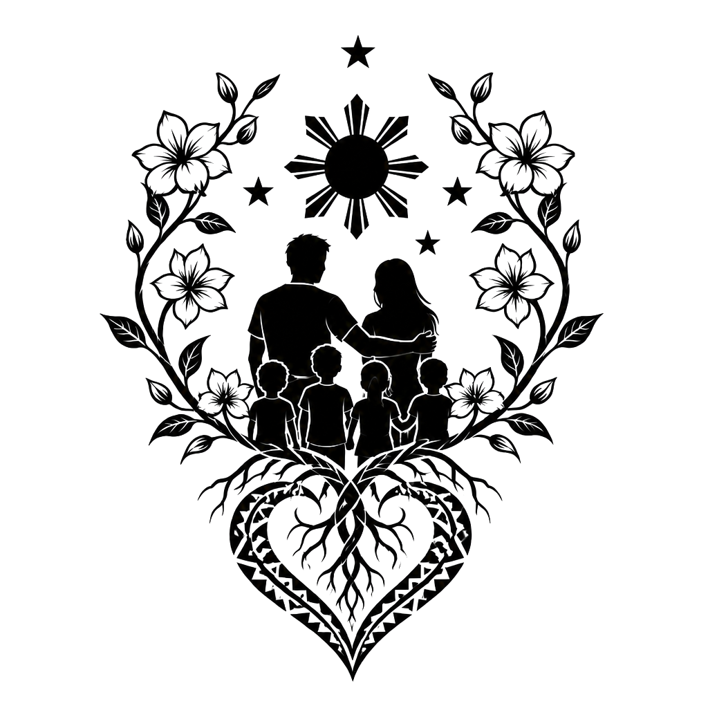 A family beneath a Philippine star, embraced by a sampaguita vine whose tribal-patterned roots form a heart and symbolize enduring strength.