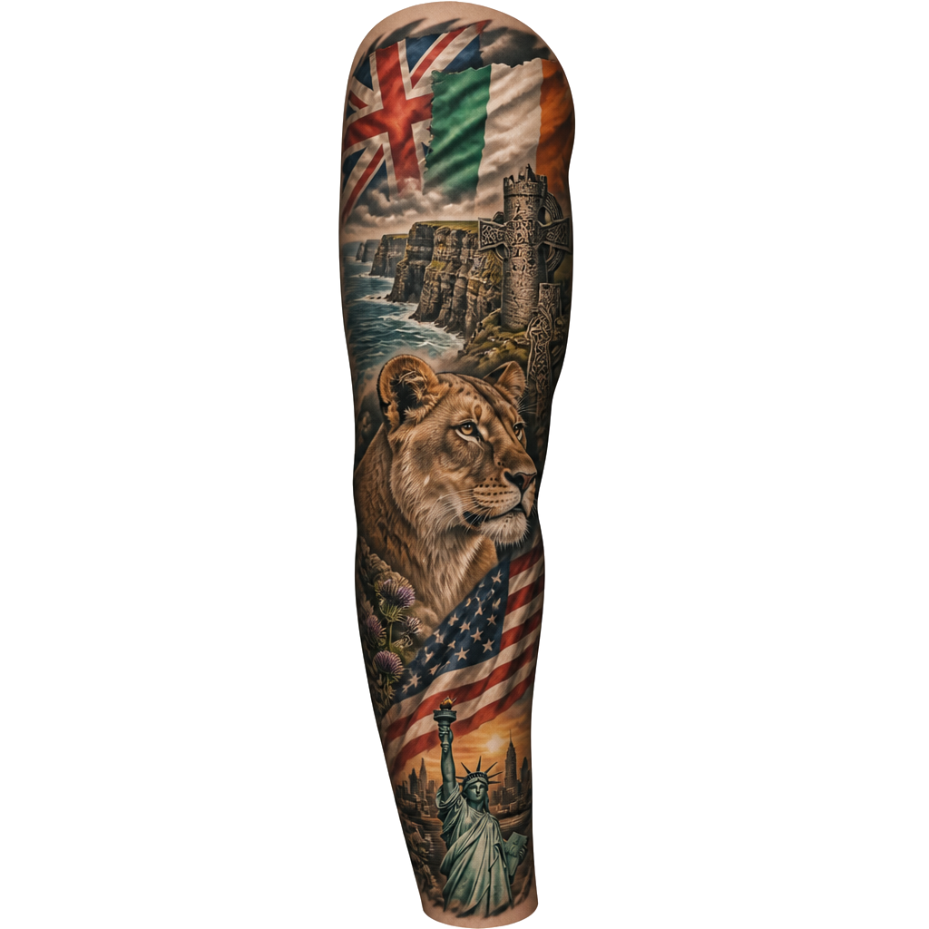 English and Irish tattoo with meaning that also is America. Create it in a full sleeve also include a female lion.