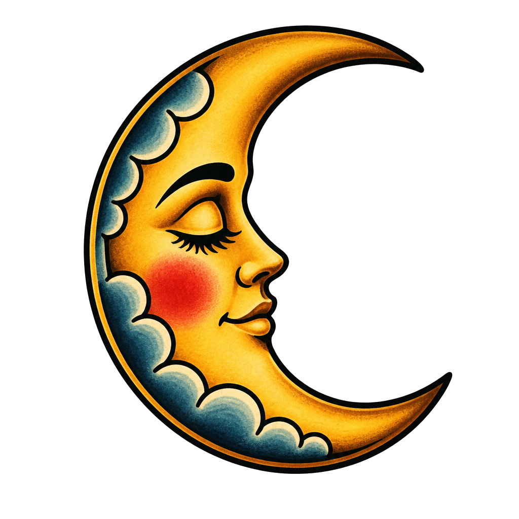 A crescent moon with a sleeping face