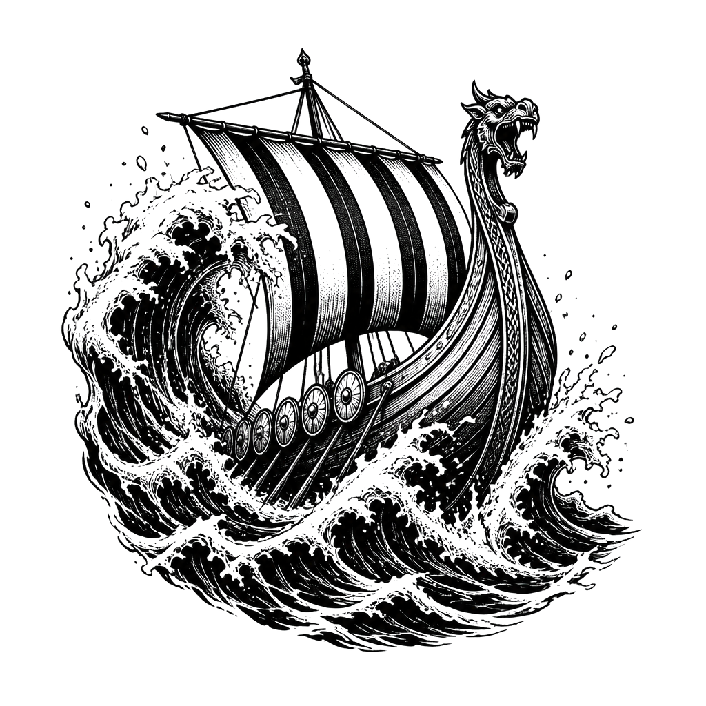 A drakkar longship breaking through a towering wave