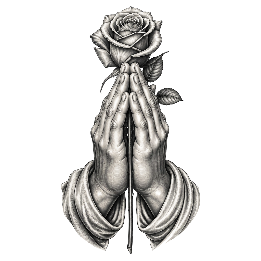 A rose held between praying fingers