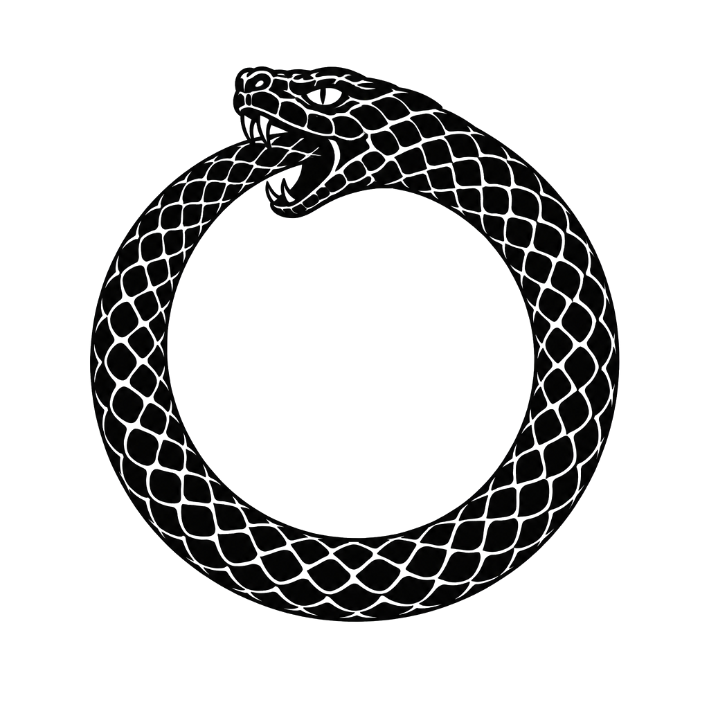 An ouroboros swallowing its tail in a bold black ring