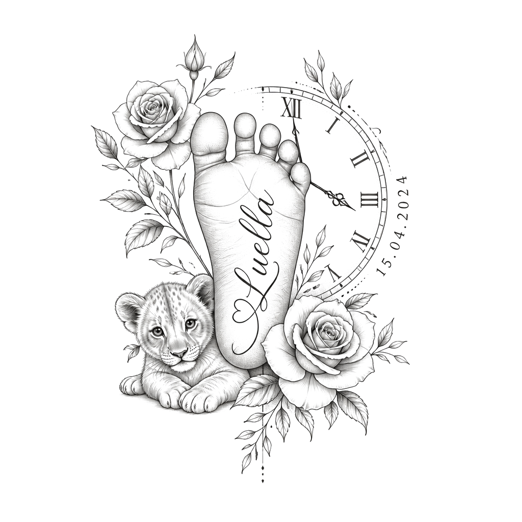 Baby’s foot but fine line  with Luella name in it then date of birth next to the foot with half a clock blended in  with the time showing ten o’clock on it and some rose around it all in black and a baby cub