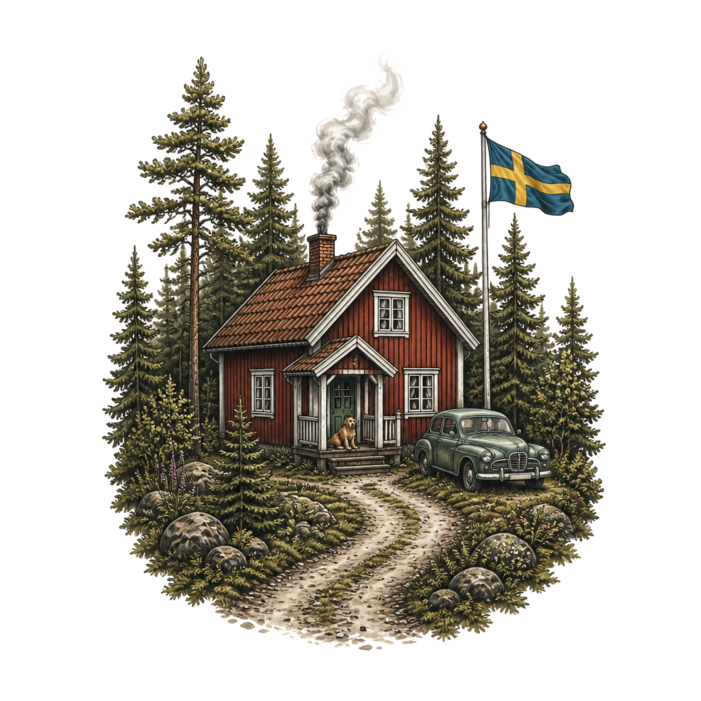 A forest with a house thats typical from swedens Wood and a old car next to the house and a flagpole with swedish flag and smoke coming from the chimney and a road coming the house and a dog on the front porch