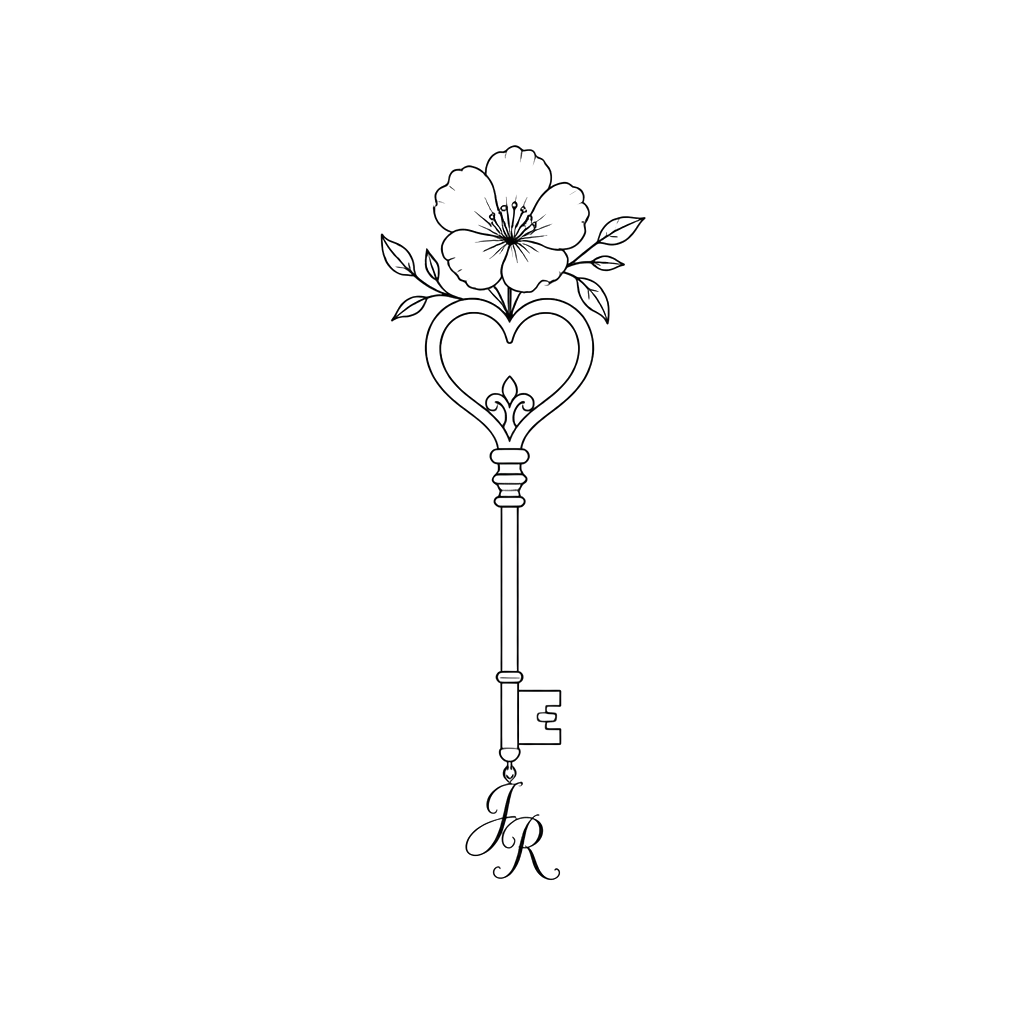 Create a key in a minimalist. Add a flower to the top, and the letters “J R” to the bottom. The top of the key should be shaped like a heart.