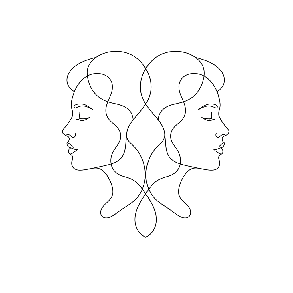 The Gemini zodiac twins as two mirrored profiles in one line