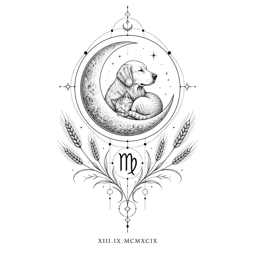 "A sophisticated geometric tattoo design for the shoulder blade, combining nature and astrology. At the center is a perfect circle acting as a frame. Inside the circle, there is a delicate dotwork (stippling) illustration of a crescent moon holding a small, curled-up cat and a protective dog. Outside the bottom of the circle, stylized wheat stalks and Virgo Zodiac symbols (♍) are intertwined. Below the entire composition, in elegant, thin Roman numerals, is the date: XIII.IX.MCMXCIX. Black and g