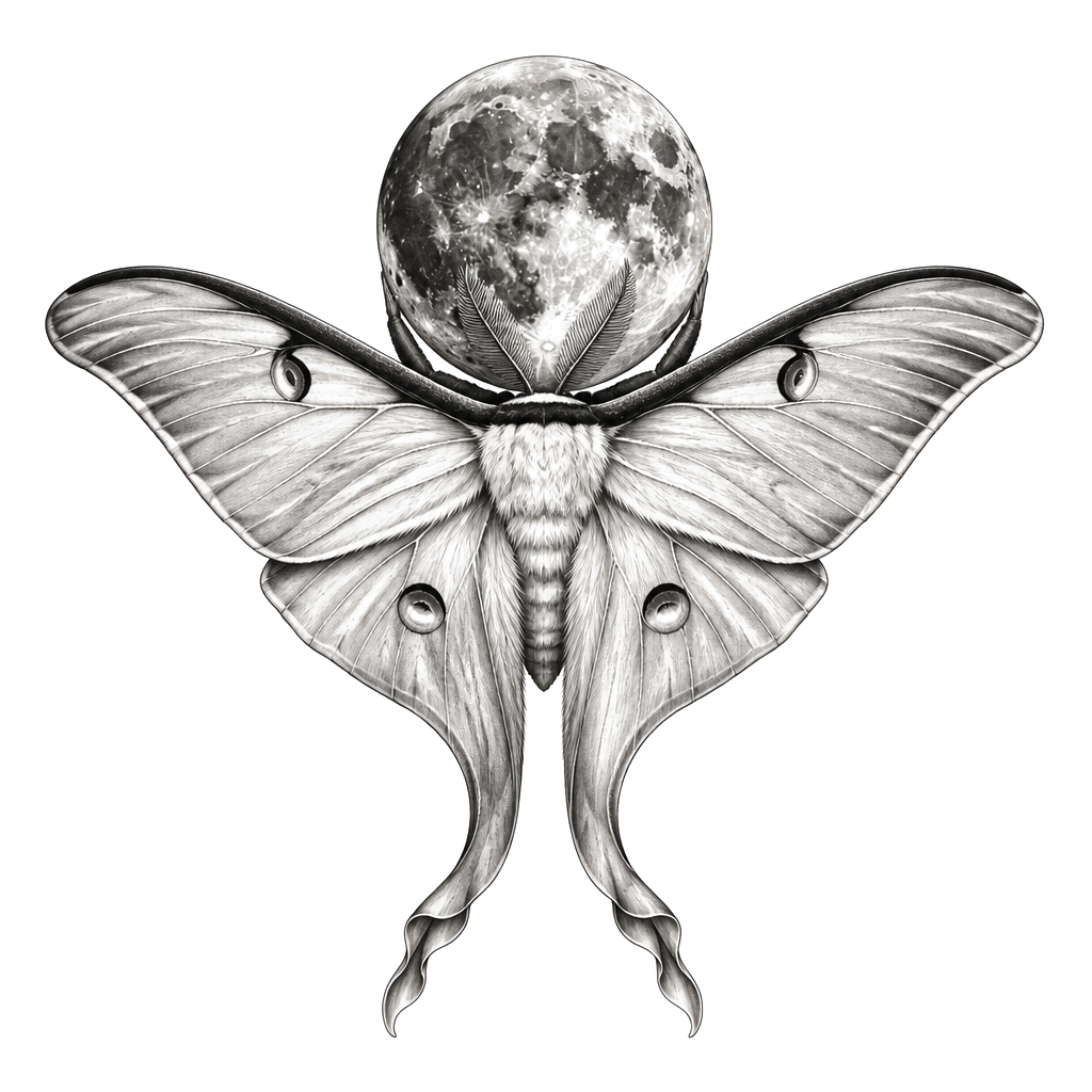 A luna moth carrying the moon on its back