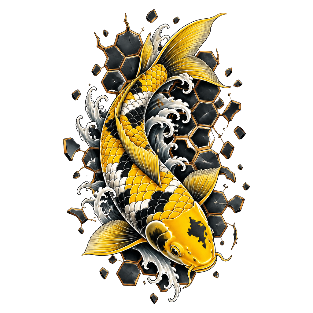 A koi curving through a shattered hexagonal grid