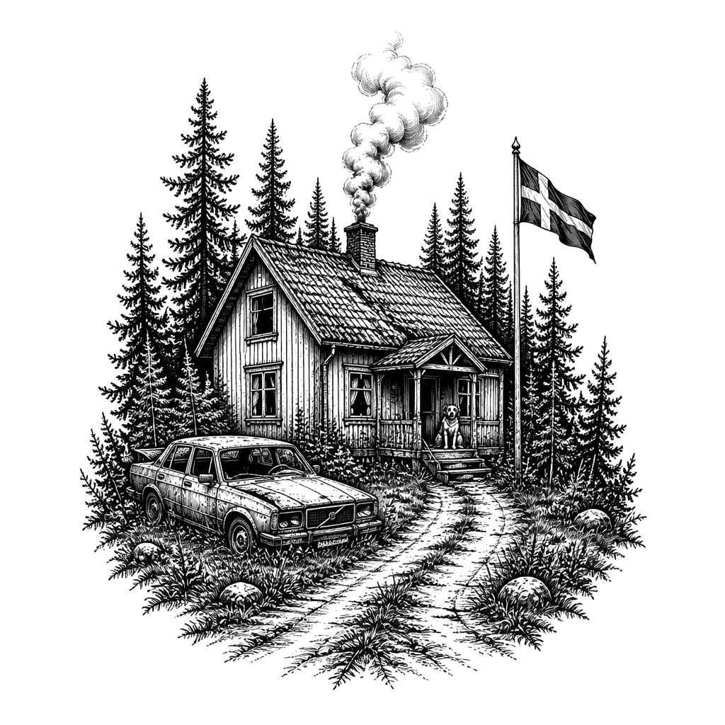 A forest with a house and a old anondoned Volvo next to the house and a flagpole with swedish flag and smoke coming from the chimney and a road coming the house and a dog on the front porch