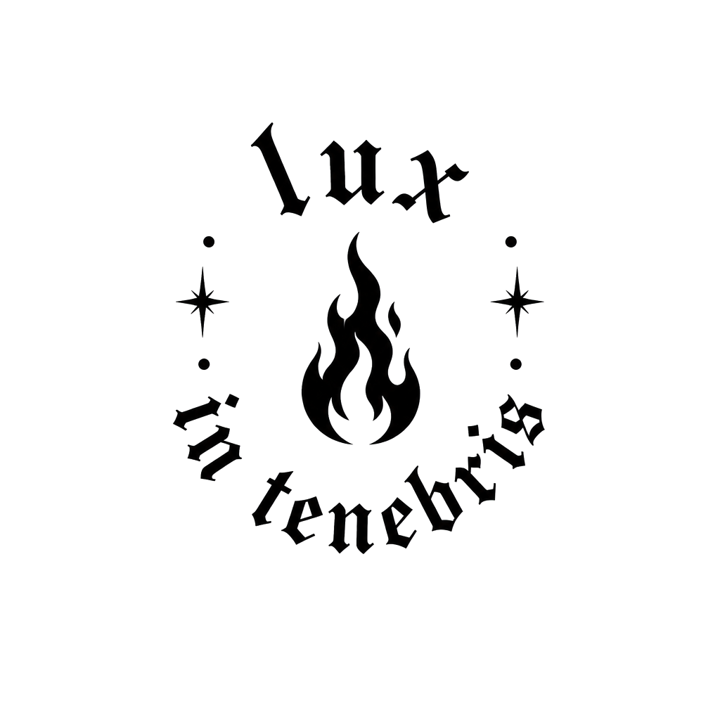 The words "lux in tenebris" around a small flame