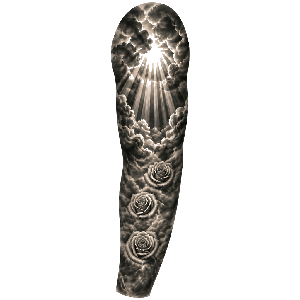 Mach mir ein sleeve tatto mit Rosen auf dem Unterarm und Wolken wo Lichtstrahlen durchscheinen