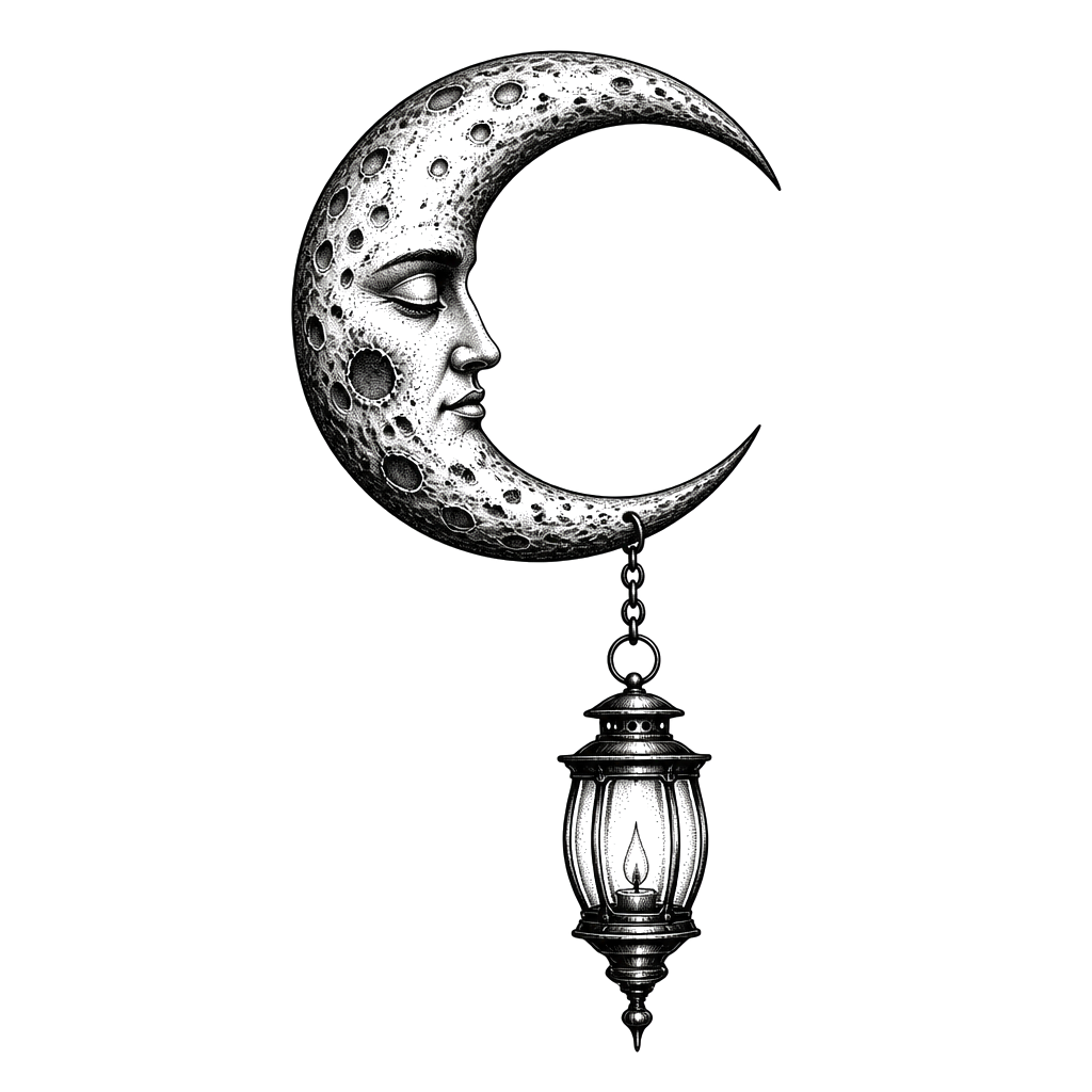 A lantern hanging from the tip of a crescent moon