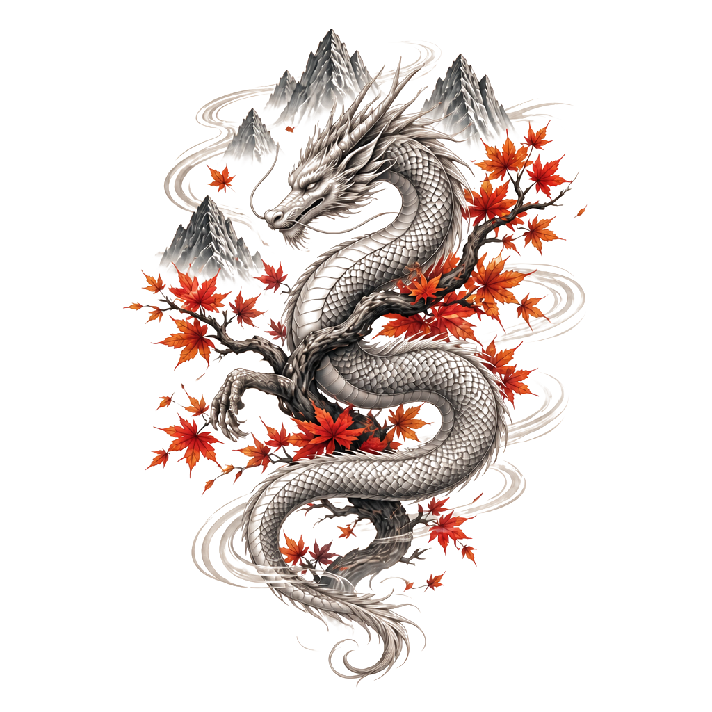A serene dragon coiled around a November maple branch, framed by mountain peaks and subtle anime-inspired wind lines, with “Mike” and 28•11•1990 woven into the scales.