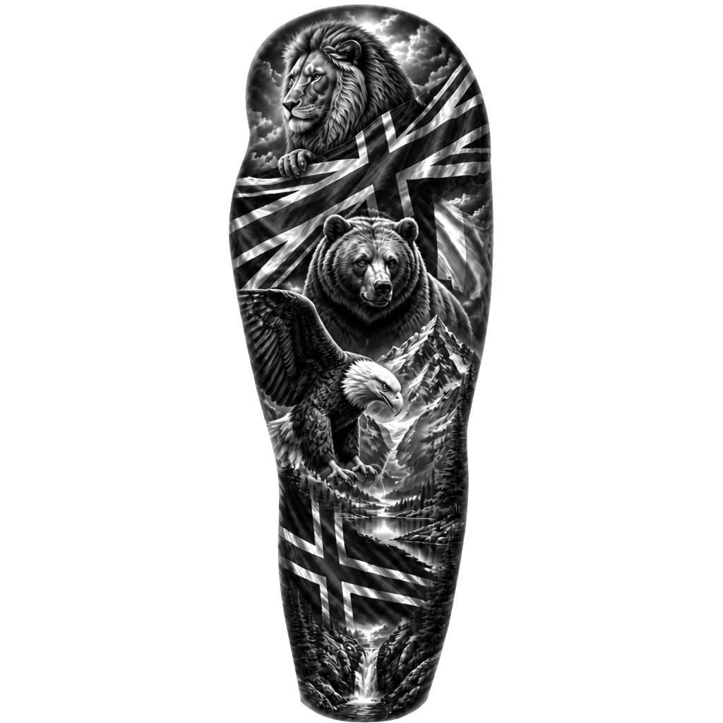 English flag and Irish flag with an American bald eagle with an American flag, a grizzly bear a lion ass mountains with a lake, all made into a sleeve tattoo, which also has a Nordic cross