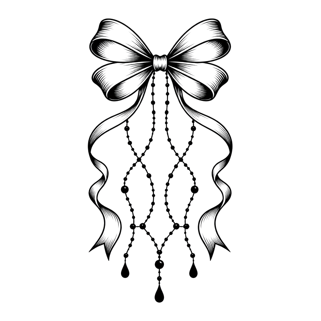 A ribbon bow trailing strands of tiny beads