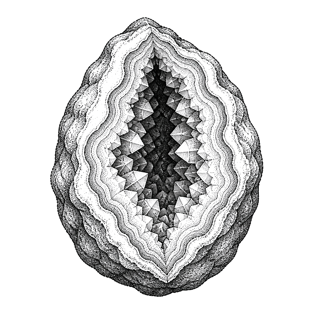 A geode split open in graded stipple
