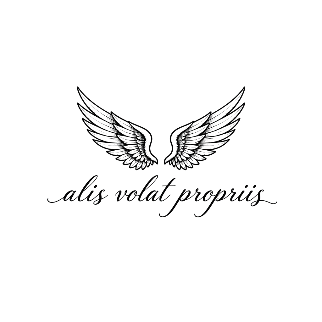 The words "alis volat propriis" beneath a pair of small wings