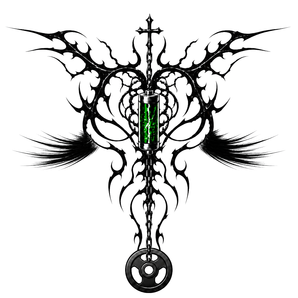 Design me a tattoo for my back that goes from shoulder blade to shoulder blade and these down into the spine with a chain hanging, and a battery powering the tattoo